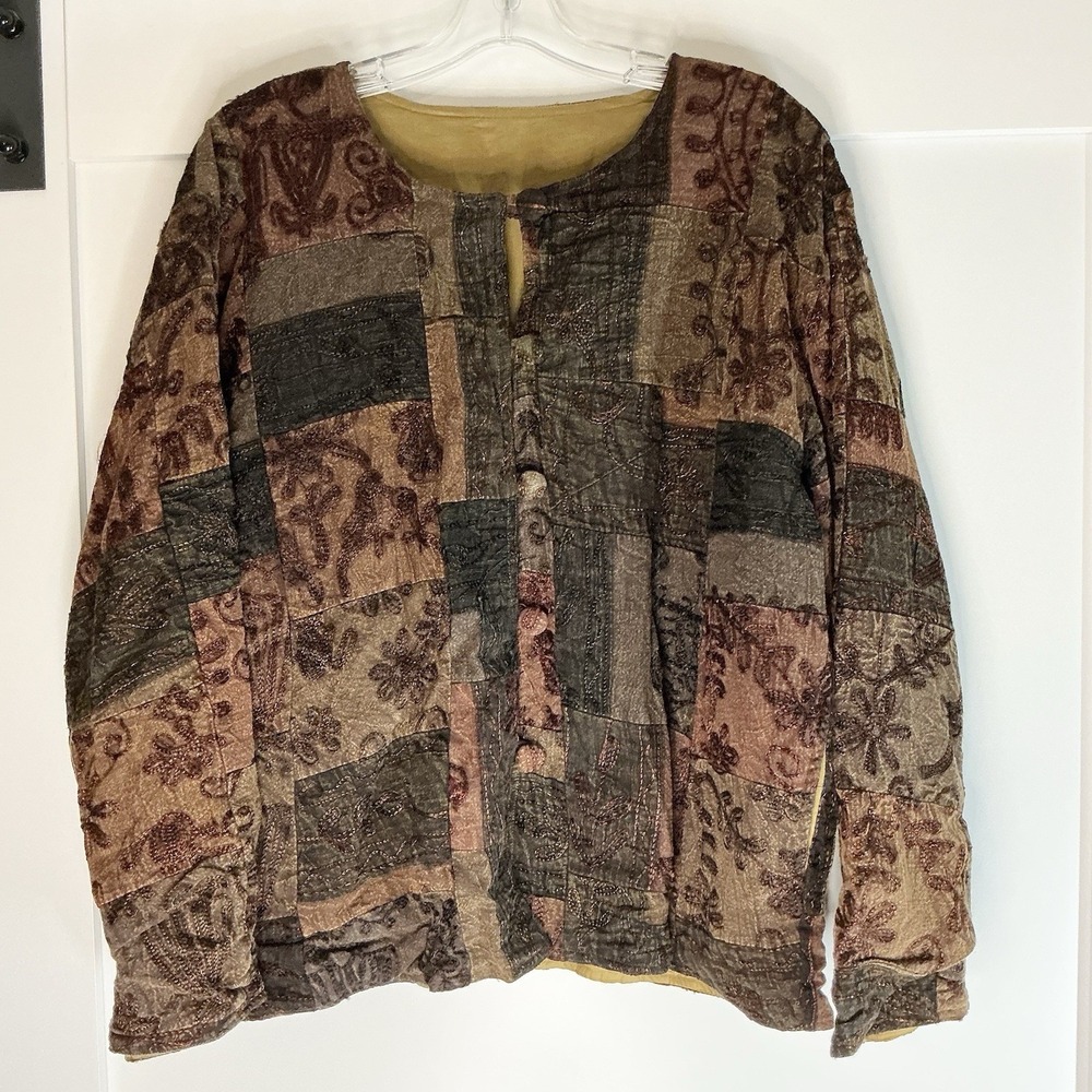 Handmade womens jacket soft shell Brown patchwork button Cottagecore Boho Large‎